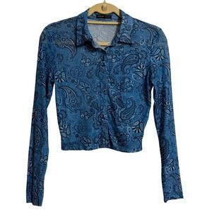 SHEIN Blue Paisley Mesh Cropped Button Up Shirt Long Sleeve Size Medium